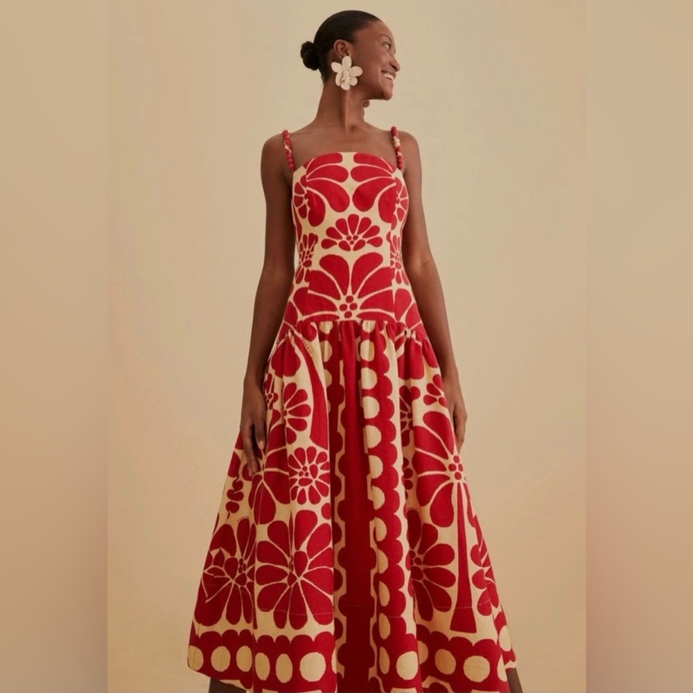 Farm Rio Red Palermo Sleeveless Midi Dress
